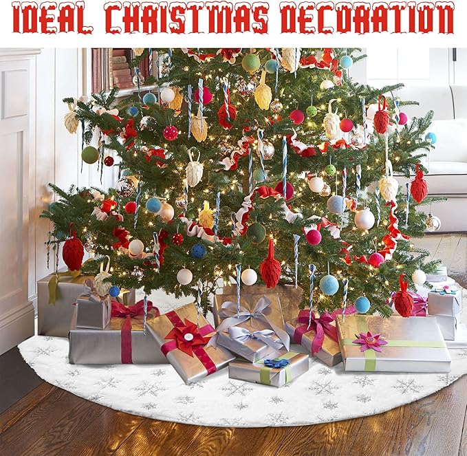 Christmas Tree Skirt 48 inches Faux Fur White Christmas Tree Skirt for Christmas Tree Decorations Winter Holiday Home Christmas Party Ornaments (Silver)