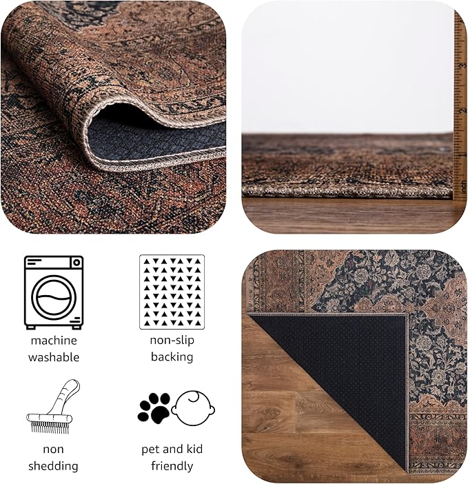 Keen Home Design 8x10 Rug - Machine Washable Area Rug with Non-Slip Backing, Ideal for Living Room, Dining Room, Bedroom - Vintage, Easy Clean, Durable, Low Pile Rug - (8' x 10')