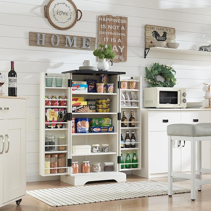 47" Kitchen Pantry, Farmhouse Storage Cabinet with Barn Doors, Organizer and Adjustable Shelves, Rustic Wood Cupboard for Kitchen, Dining Room, Bathroom and Hallway, Off White