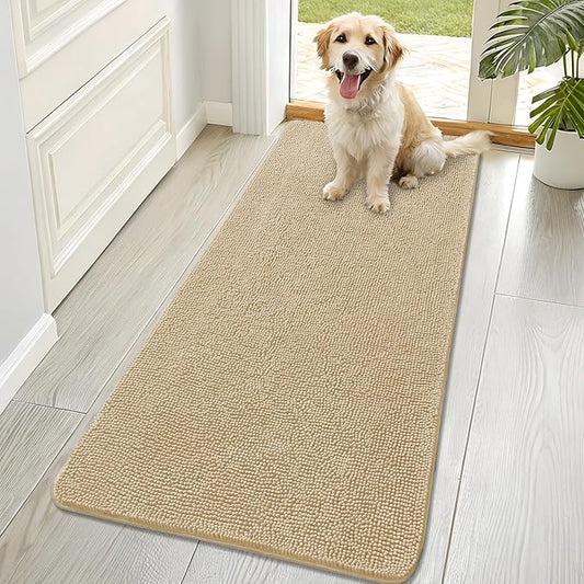 OLANLY Dog Door Mat for Muddy Paws 70x32, Absorbs Moisture and Dirt, Absorbent Non-Slip Washable Doormat, Quick Dry Chenille Mud Mat for Dogs, Entry Indoor Entryway Carpet for Inside Floor, Beige