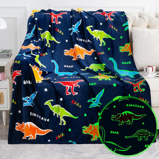 Jekeno Dinosaur Glow in The Dark Blanket Dino Throw for Kids Boys Girls Birthday Christmas Age 3-18 Years Old Teens Child Toddler Son Easter Halloween Blanket Navy Blue 60"x80"