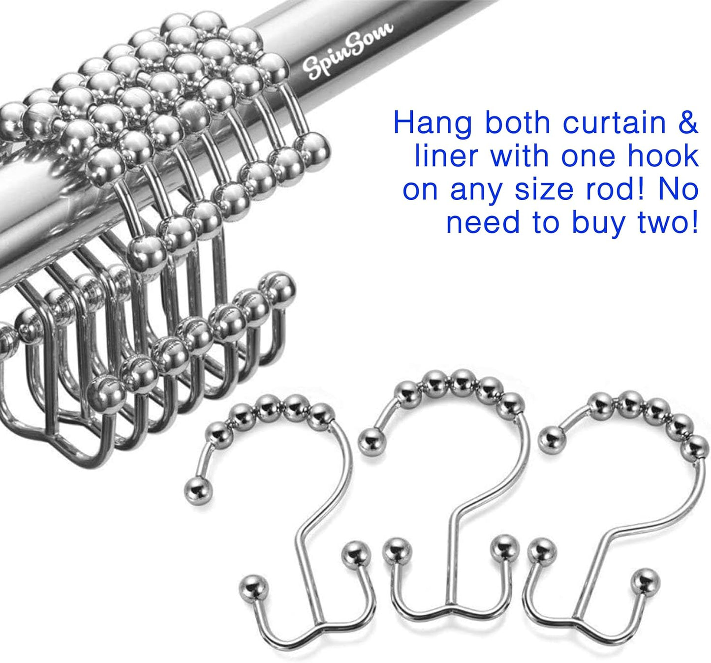 2lbDepot Shower Curtain Rings Hooks - Chrome Finish - Premium 18/8 Stainless Steel - Double Hooks with Easy Glide Rollers Rust Resistant Metal Hook, Six Finishes Available - Set of 12 for Shower Rods
