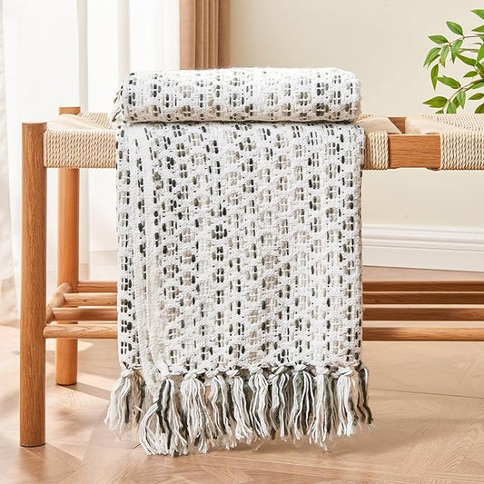 lifein Throw Blanket for Couch - Boho Throw Blanket, Knit Woven Blanket, Soft Decorative Blankets&Throws with Tassels for Bed,Sofa,Chair,Home Decor (Green, 50 * 60, Braid)