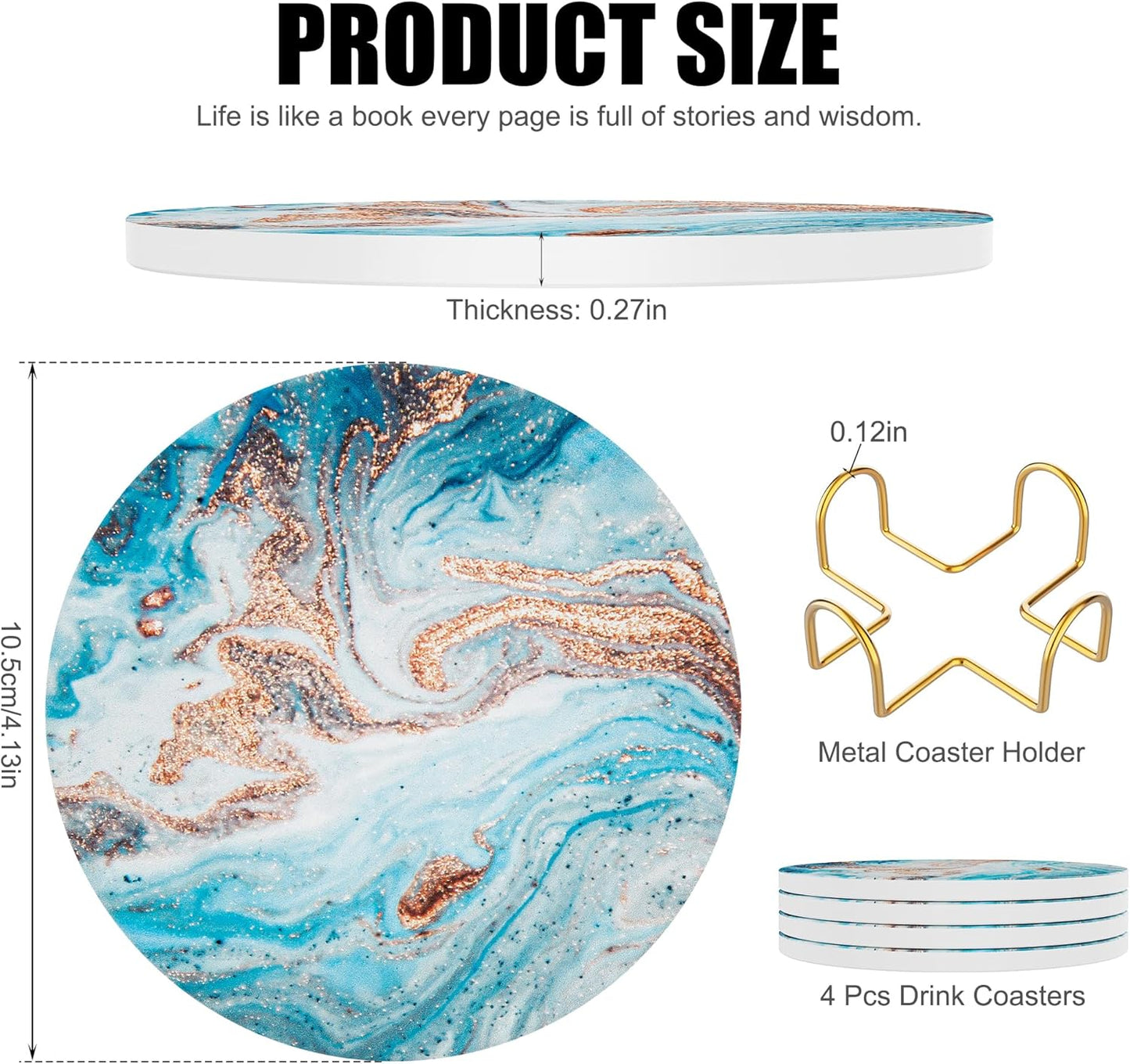 Coasters for Drinks Set of 4, Absorbent Ocean Style Marble with Metal Golden Holder, Ceramic Coaster Set Cup Mat for Home Decor, Bar, Kitchen, Party