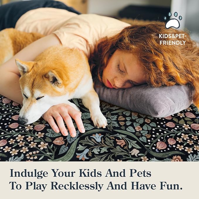 Lahome Floral Bedroom Rugs, 6x9 Black Area Rugs for Living Room, Boho Thin Stain Resistant Carpet for Dining Room, Washable Area Rug Non Slip for Guestroom