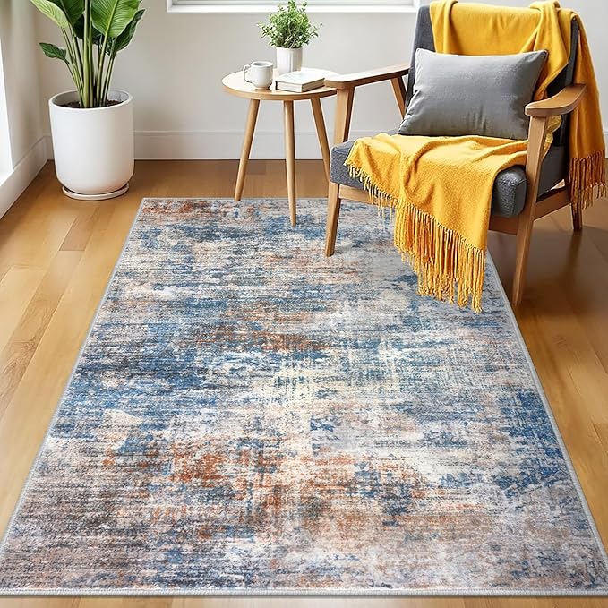 IOHOUZE Abstract Area Rug 3x5 Ft Washable Rugs for Entryway Indoor, Non Slip Kitchen Rug Printed Faux Wool Throw Rugs, Indoor Door Mat for Door Entrance Foyer Living Room, Blue Rust