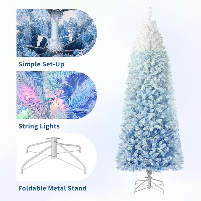 GarveeHome 6ft Snow Flocked Pencil Christmas Tree, Slim Artificial Christmas Tree with Sturdy Metal Stand, Skinny Xmas Tree Holiday Decoration for Home, Office, Blue Gradient
