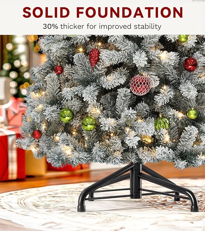 DWVO 9 ft Prelit Snow-Flocked Artificial Pine Christmas Tree, Full Xmas Tree with 900 Lights, 11 Lighting Modes, 2094 Tips, Foldable Base for Home and Party Decor