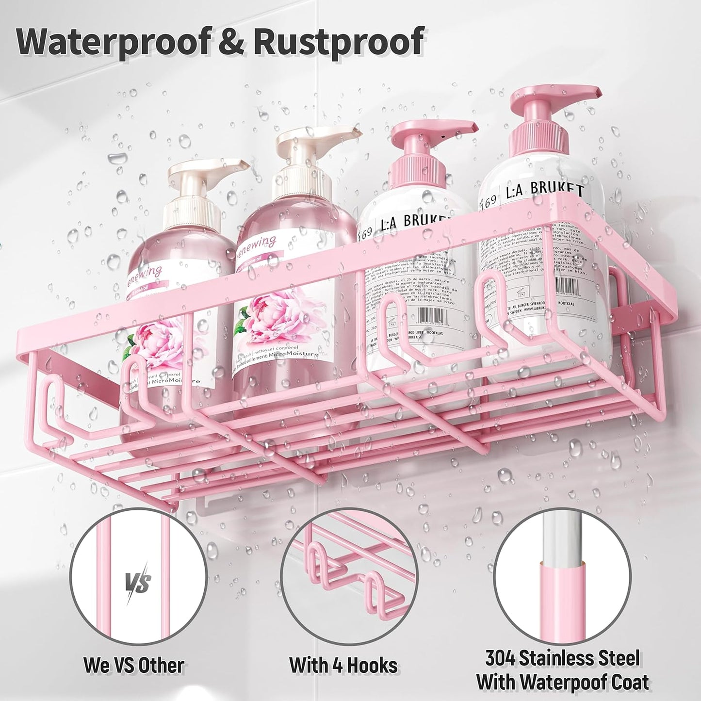 5 Pack Shower Caddy Organizer Rack Shelf for Inside Shower, Adhesive Bathroom Wall Storage Basket Rustproof Stainless Steel Shampoo Holder, Girly Bathroom Accessory Decor Set, Pink