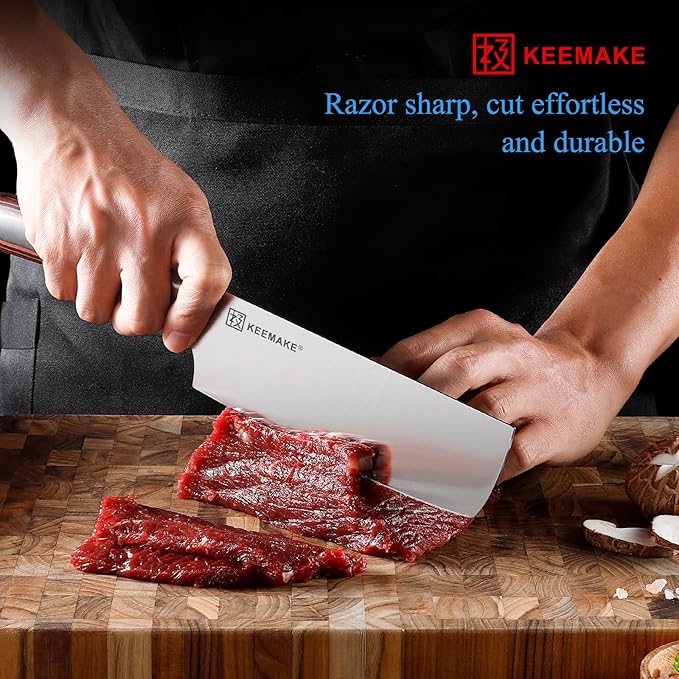 KEEMAKE Nakiri Knife 7 Inch - Sharp Meat Cleaver with High Carbon Stainless Steel Blade, Japanese Kitchen Vegetable Cooking Knife with Ergonomic Pakkawood Handle and Gift Box Included