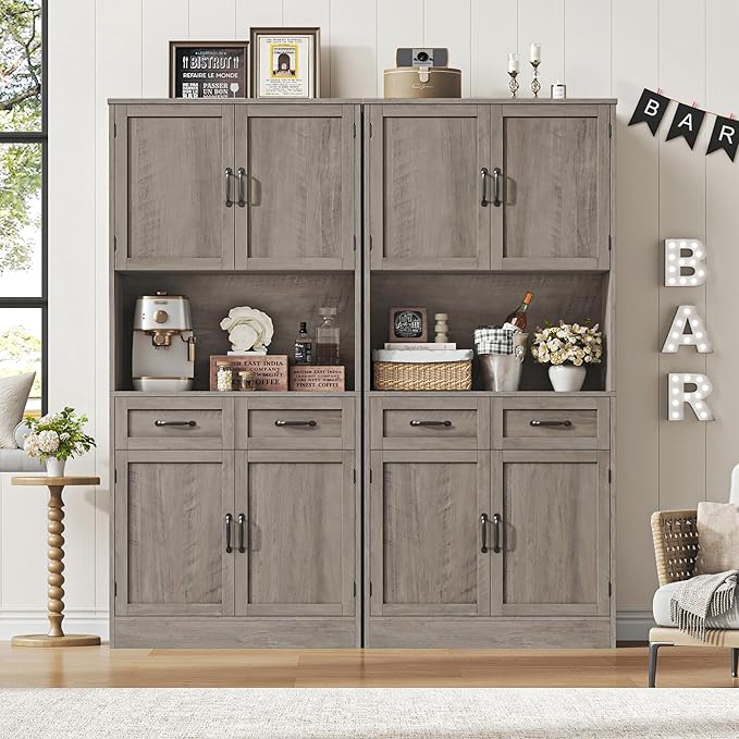 HOSTACK 71“ Tall Kitchen Pantry Storage Cabinet, Modern Kitchen Hutch Bar Cabinet with Microwave Stand, Wood Buffet Sideboard with Hutch, Cupboard with Drawers, Shelves for Dining Room, Ash Gray
