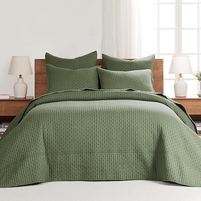 Levtex Home Cross Stitch Reversible Twin Bedspread Set (84x104in) with 1 Pillow Sham (26x20in) - Stitch Texture - Forest Green - Cotton Twin Size Bedspread Set - Lightweight, Soft, Pre-Washed
