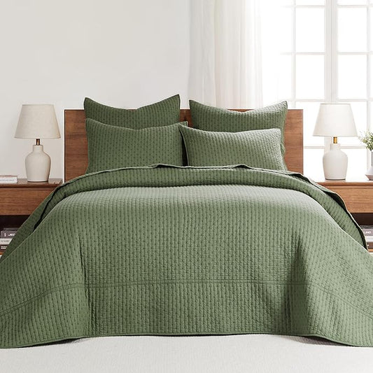 Levtex Home Cross Stitch Reversible Twin Bedspread Set (84x104in) with 1 Pillow Sham (26x20in) - Stitch Texture - Forest Green - Cotton Twin Size Bedspread Set - Lightweight, Soft, Pre-Washed