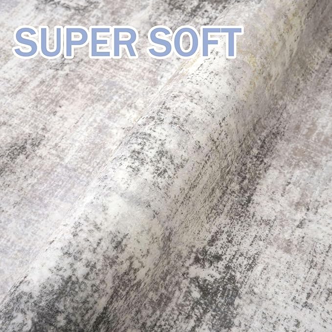 IOHOUZE Abstract Runner Rug 2x10 Ft Washable Runners for Hallways, Non Slip Kitchen Runner Printed Faux Wool Entryway Runner Indoor, Modern Abstract Floor Carpet for Hall Kitchen, Grey Beige