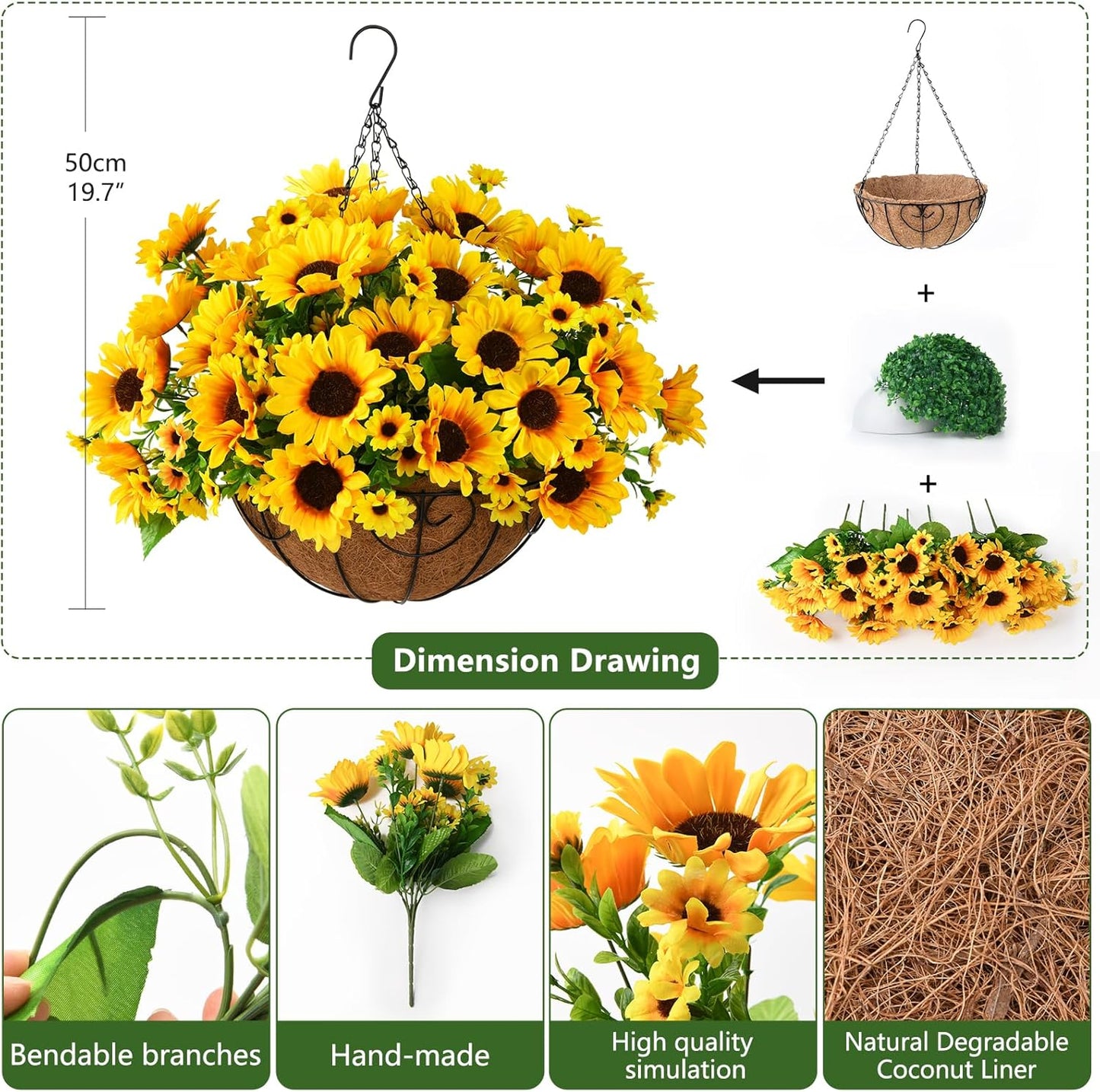 Homsunny Artificial Sunflowers Fake Hanging Flowers Plants Baskets for Outdoor Fall Decoration, Faux Silk Flowers Look Real UV Resistant for Porch Patio Garden Autumn Home Decor