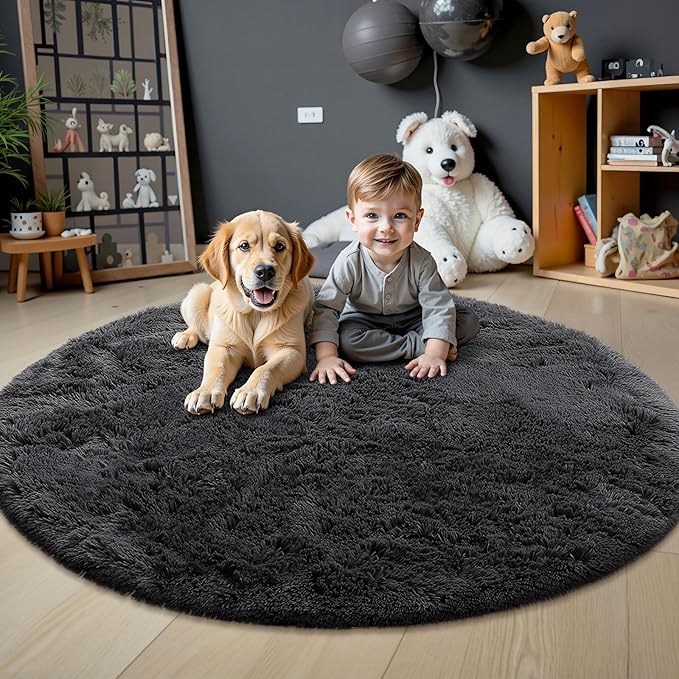 OLANLY Black Round Rugs for Bedroom - Machine Washable, 8 ft Circle Area Rugs for Living Room, Soft and Fluffy Shaggy Carpet for Teen Girls and Boys, Nursery Rooms, Dorms, Home Decor Aesthetic