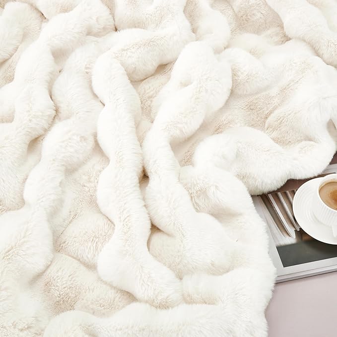 JONIYEAR Soft Fuzzy Oversized Bubble Faux Rabbit Fur Throw Blanket 60" x 70", Reversible Thick Warm Fluffy Blanket for Winter, Luxury Cozy Puffy Shaggy Furry Blankets for Bed, Twin Size, Cream White