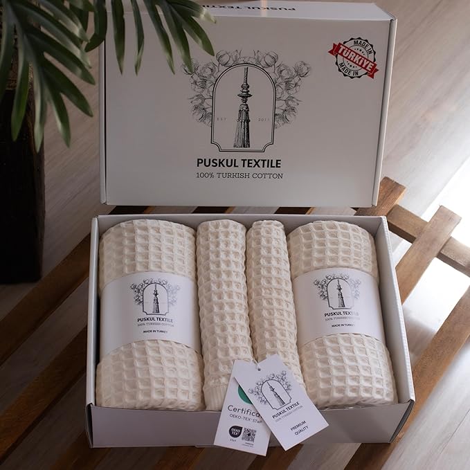 Püskül - Luxury Waffle Towel Set for Bathroom 4 Pieces Natural Raw, Premium Quality Organic 100% Turkish Cotton 2 Hand and 2 Bath Towels, Quick Dry Thin Waffle Towels, Made in Turkiye (Natural Beige)
