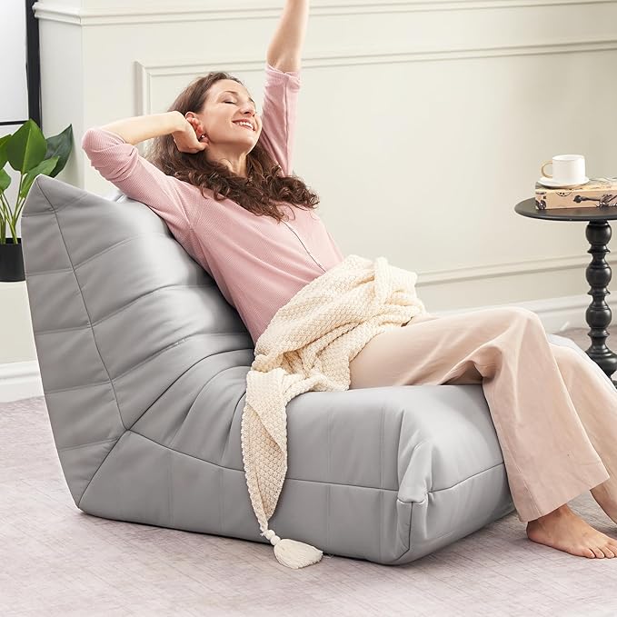 Hobestluk Giant Bean Bag Chair Lazy Floor Sofa, Memory Foam Fireside Sofa for Adults, Big Beanbag Faux Leather Armless Chair for Living Room Bedroom Dorm Office (Light Grey, Single)