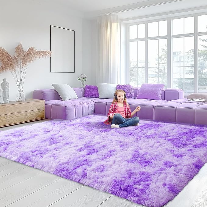 5x8 Tie Dyed Purple Fluffy Area Rugs for Bedroom, Soft Indoor Plush Rug for Living Room, Large Furry Fuzzy Shag Floor Carpet for Kids Nursery Boys Room Dorm Classroom Home Office Decor Mat