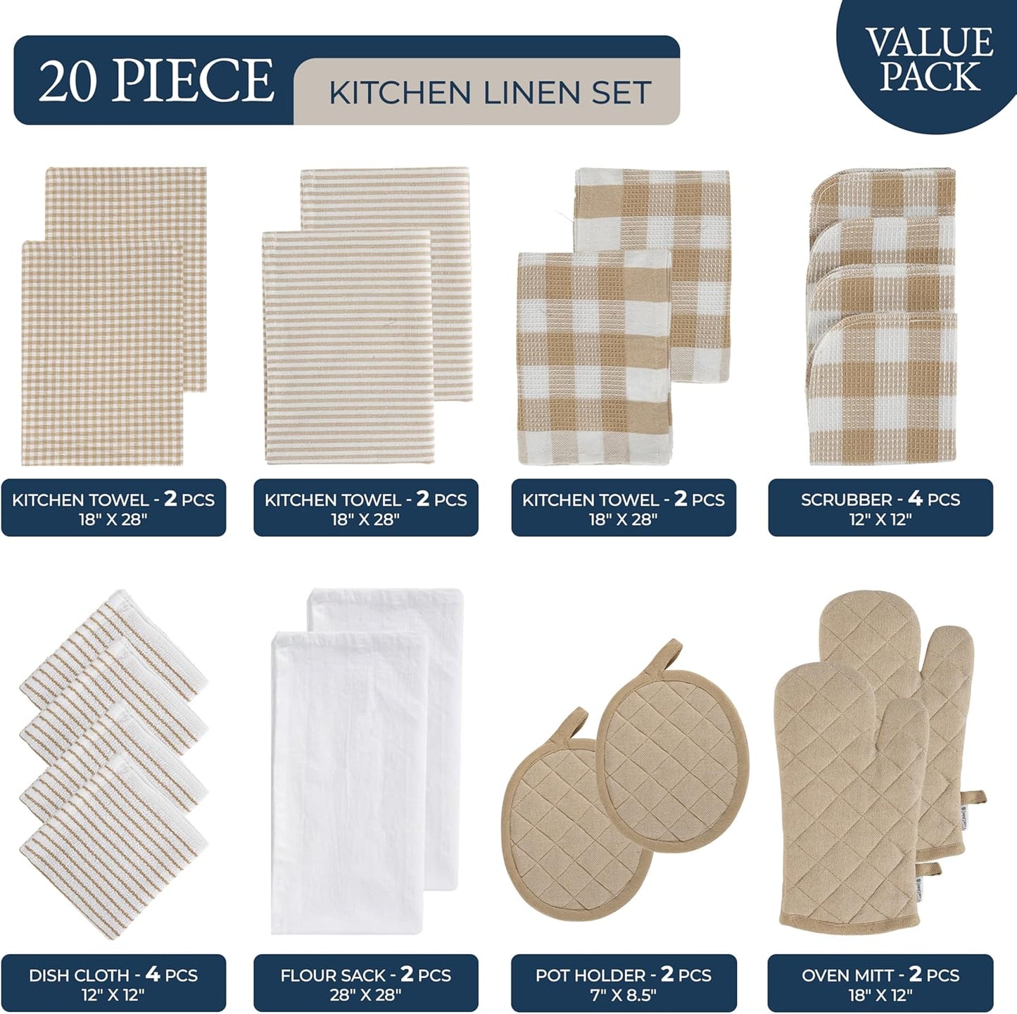 LANE LINEN 20 Piece Kitchen Dish Cloths Set - 100% Cotton Dish Towels, Heat Resistant Kitchen Mittens and Pot Holder Set, Reusable Dish Rags for Washing Dishes, Absorbent Dish Towels- Beige