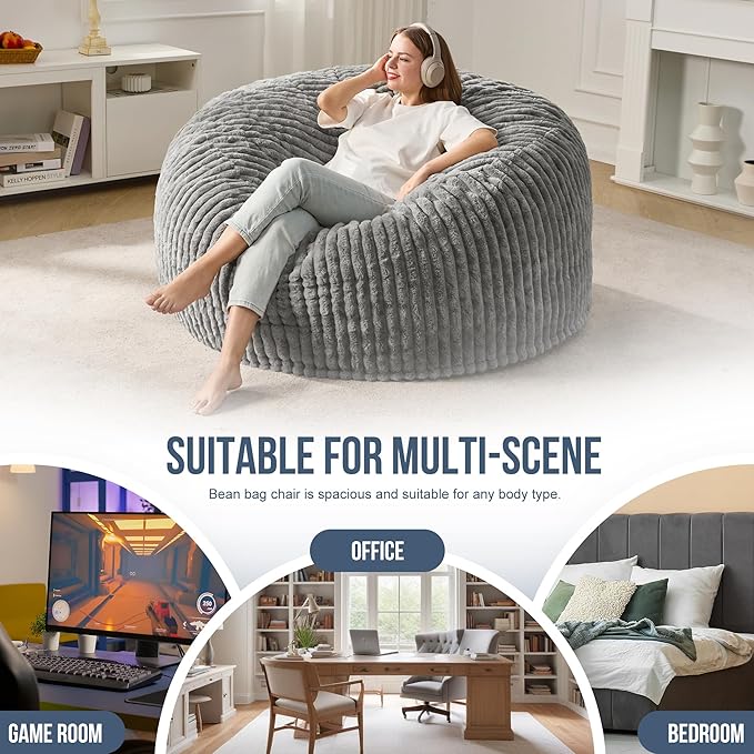 Hobestluk 5ft Bean Bag Chairs for Adults Large Beanbag Chair with Stripe Plush Cover Big Bean Bag Chair for Living Room Bedroom Dorm Office -Grey (50” x 50” x 24”)