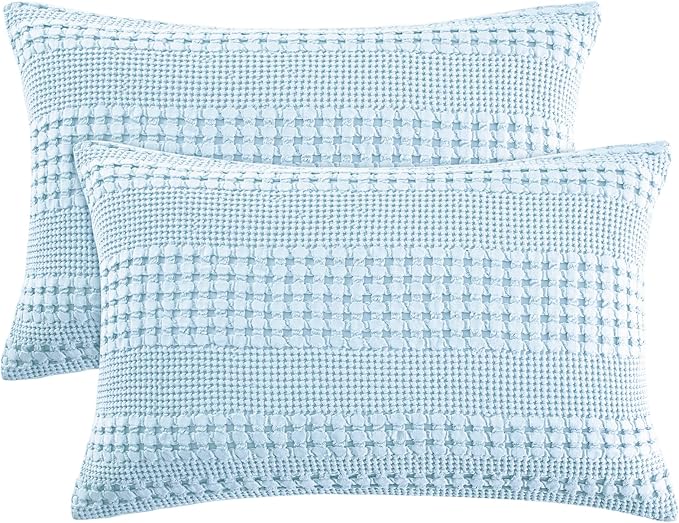 PHF 100% Cotton Waffle Pillow Shams Queen Size, 2 Pack 20" x 30" Soft Skin-Friendly Pillowcases, No Filling, Aesthetic Woven and Breathable Waffle Weave Pillow Case Covers for Bed, Baby Blue