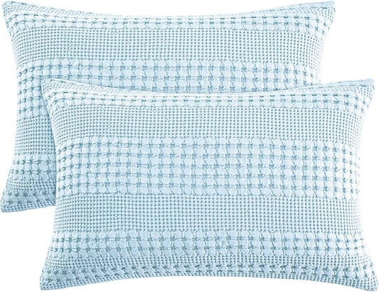 PHF 100% Cotton Waffle Pillow Shams Queen Size, 2 Pack 20" x 30" Soft Skin-Friendly Pillowcases, No Filling, Aesthetic Woven and Breathable Waffle Weave Pillow Case Covers for Bed, Baby Blue