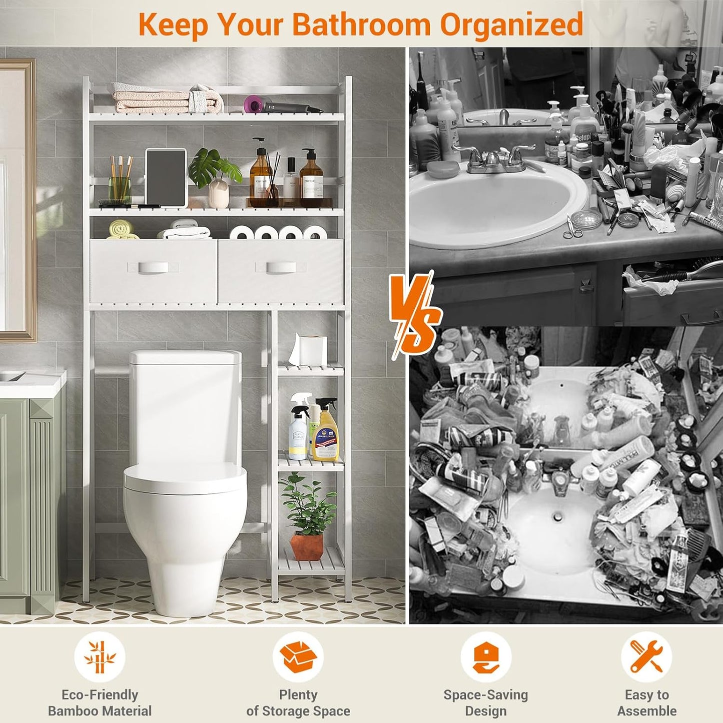 Homykic Over The Toilet Storage Shelf with 2 Fabric Drawers, Bamboo Above Toilet Organizer Tower Rack with Toilet Paper Holder Stand, Bathroom Space Saver, Mass Storage, No Rust, White