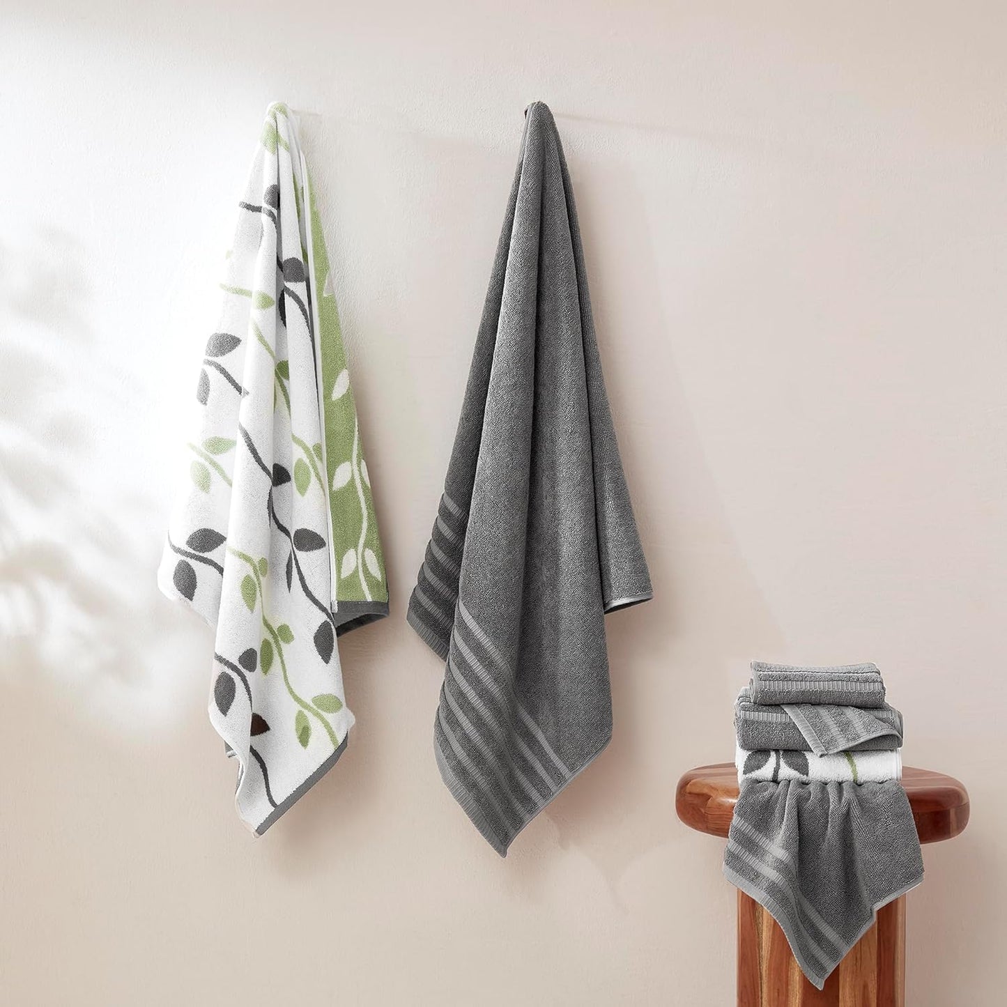 Modern Threads Organic Vines 6-Piece 100% Cotton Towel Set – Yarn Dyed Jacquard & Solid – Includes 2 Bath Towels, 2 Hand Towels, 2 Washcloths – Absorbent, Quick Dry, Soft & Durable – Gray