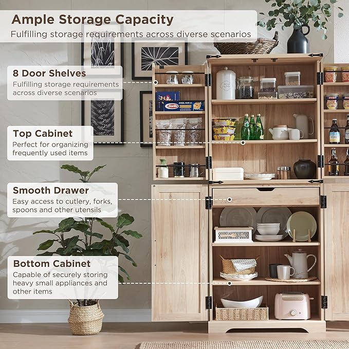 72" Tall Kitchen Pantry with Natural Rattan Doors, Storage Cabinet with Organizer, Drawer and Adjustable Shelves, Wicker Cupboard for Kitchen, Dining Room, and Hallway, Natural Oak