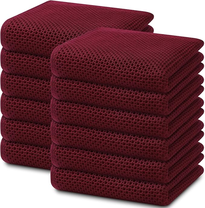Homaxy 100% Cotton Waffle Weave Kitchen Dish Towels, Ultra Soft Absorbent Quick Drying Cleaning Towel, 13 x 28 Inches, 12-Pack, Burgundy