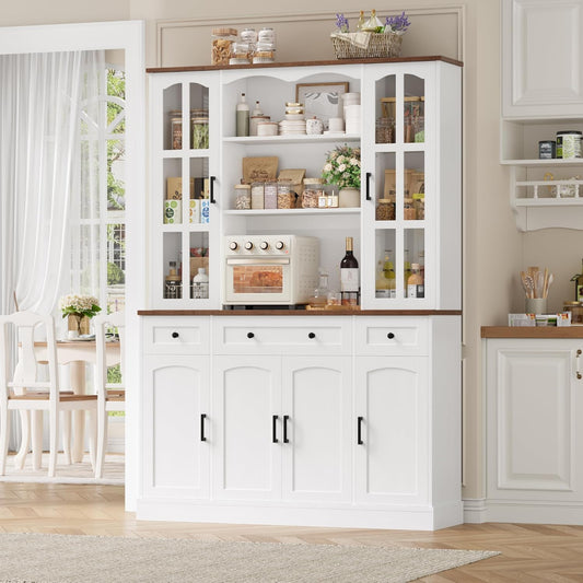 Keyluv 74.8" H Tall Pantry Cabinet with Microwave Stand and 3 Drawers, Large Kitchen Hutch Storage Cabinet with Glass Door and Adjustable Shelves for Kitchen, Dining Room, Living Room, White