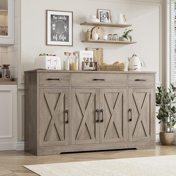 HOSTACK Buffet Sideboard Cabinet with Drawers, 55" Large Buffet Storage Cabinet with Shelves and Doors, Modern Farmhouse Coffee Bar Station for Kitchen, Dining Room, Ash Grey