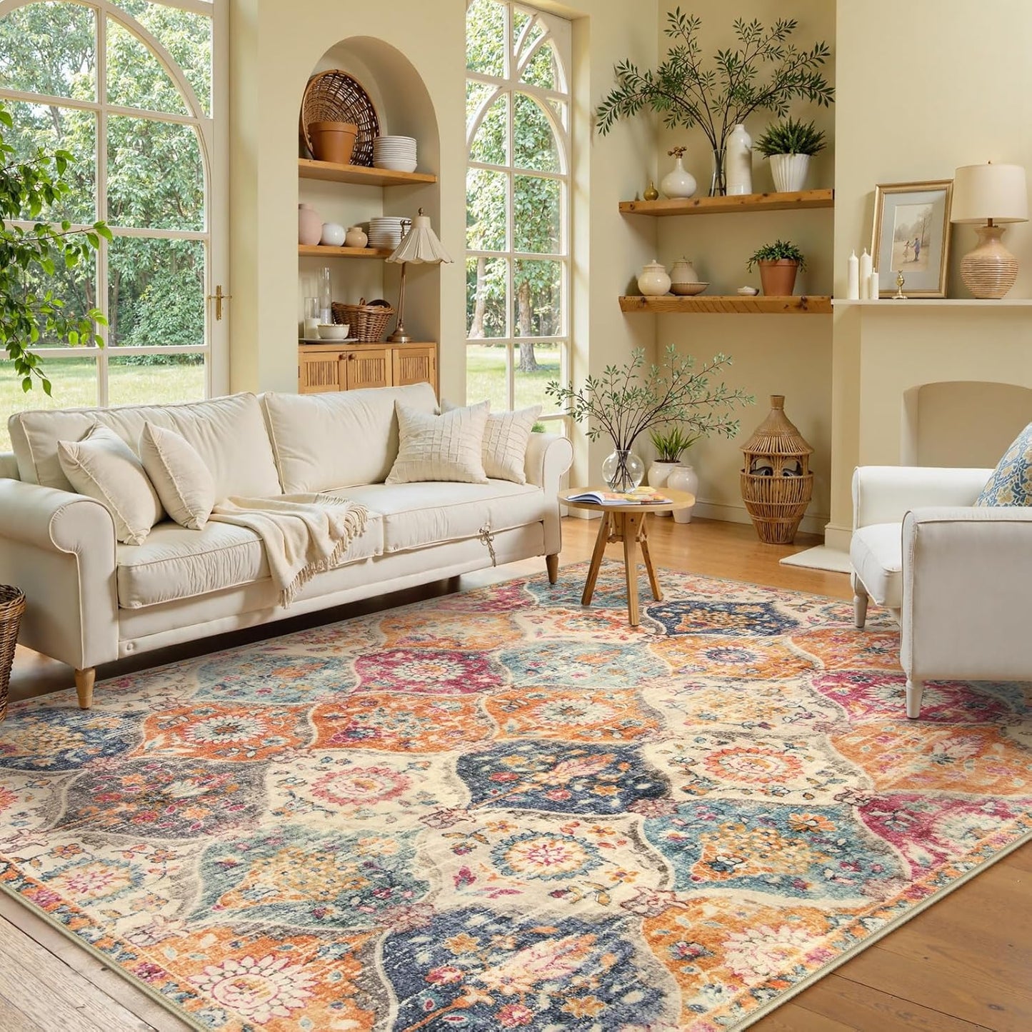 Lahome Moroccan Machine Washable Rugs for Living Room, 4x6 Rug for Bedroom Non-Slip Vintage Trellis Ultra-Thin Throw Carpet for Dining Room Office Nursery, Cream/Multi