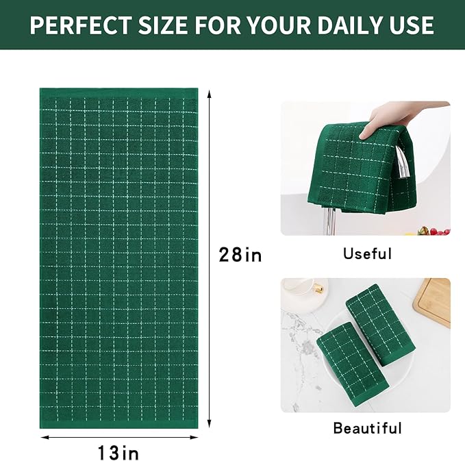 Homaxy 100% Cotton Terry Kitchen Towels(Dark Green, 13 x 28 inches), Checkered Designed, Soft and Super Absorbent Dish Towels, 12 Pack