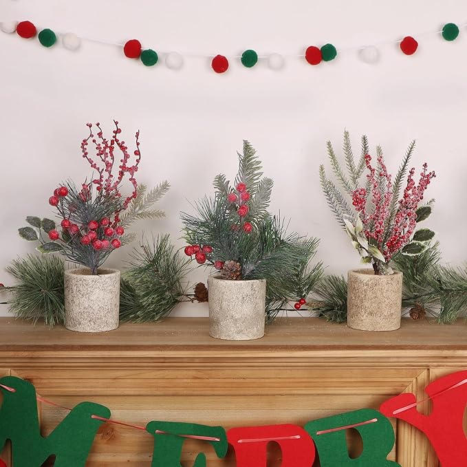 winemana Mini Christmas Tree Table Decorations Indoor, 3 Pcs Small Artificial Xmas Trees Decoration with Red Berries Pine Cone for Centerpiece Kitchen Office Tabletop Home Holiday Decor