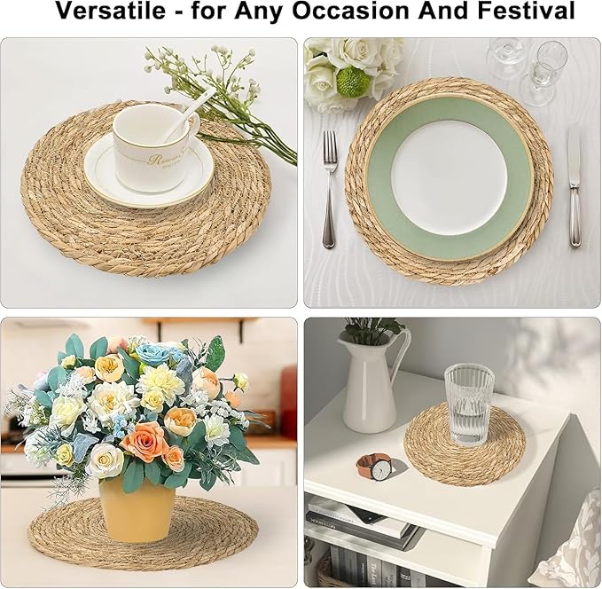 12 Inch Round Woven Placemats Set of 6 - Rattan Braided Table Mats - Heat Resistant Boho Wicker Placemats for Kitchen, Party, Dinner Table, Wedding, Picnic – Farmhouse Style Natural Fiber Place Mats