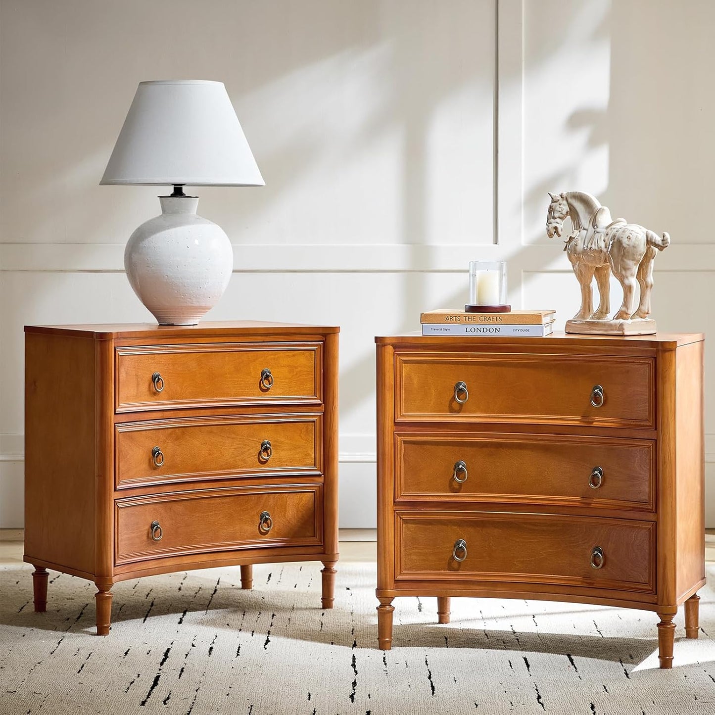 HULALA HOME 3 Drawer Nightstands Set of 2 with Charging Station, 26" Wide Nightstands with Solid Wood Legs and Curved Profile, Classic Bedside Tables for Living Room Bedroom, Acorn