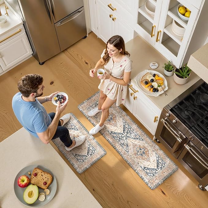 KIMODE Anti Fatigue Kitchen Mat 2PCS,Non-Skid Waterproof Kitchen Rugs,Farmhouse Kitchen Mat for Floor,Cushioned Comfort Foam Standing Mat for Floor,Office,Sink,Desk,Laundry,Mutil-Blue