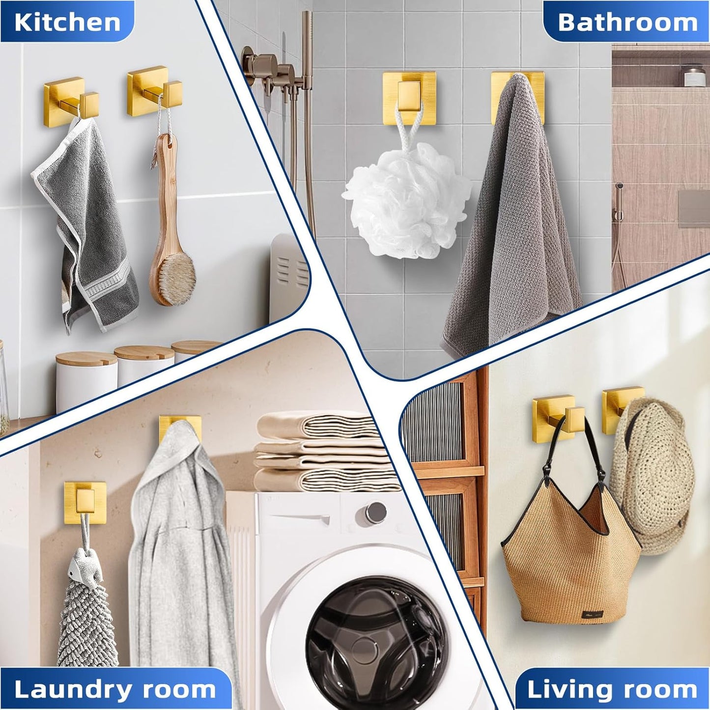 Towel Hooks for Bathrooms, Heavy Duty Wall Mounted Stainless Steel Modern Hook, – Ideal for Hanging Towels, Robes, Coats, in Kitchen, Bedroom, Bathroom, or Hotel (2 Pack, Brushed Gold)