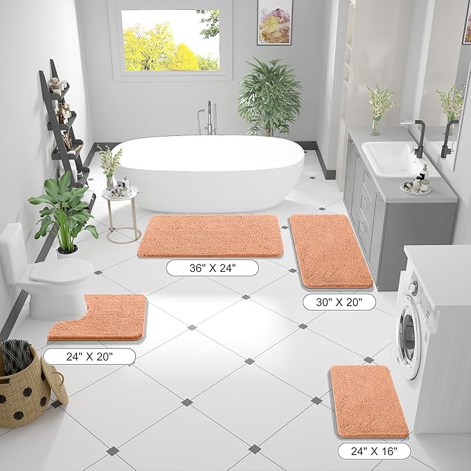 OLANLY Bathroom Rugs 44x24, Extra Soft Absorbent Chenille Bath Rugs, Rubber Backing Quick Dry, Machine Washable Bath Mats for Bathroom Floor, Tub and Shower, Home Decor Accessories, Peach
