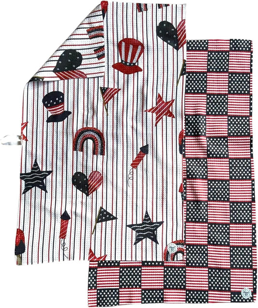 2 Pack|| Double Sided || Not Your Ordinary Kitchen Towels || Dish Towels || Quick Dry || Waffle Weave Microfiber || Designer Prints || Highly Absorbent || Hanging Hook (4th of July Navy)