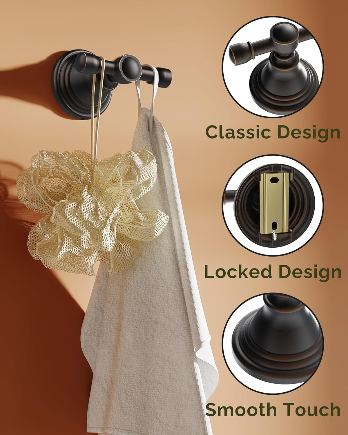 Towel Hook for Bathrooms, Stainless Steel Robe Coat Hook Wall Mount, Heavy Duty Towel Hanger for Kitchen, Bedroom or RV (Oil Rubbed Bronze)