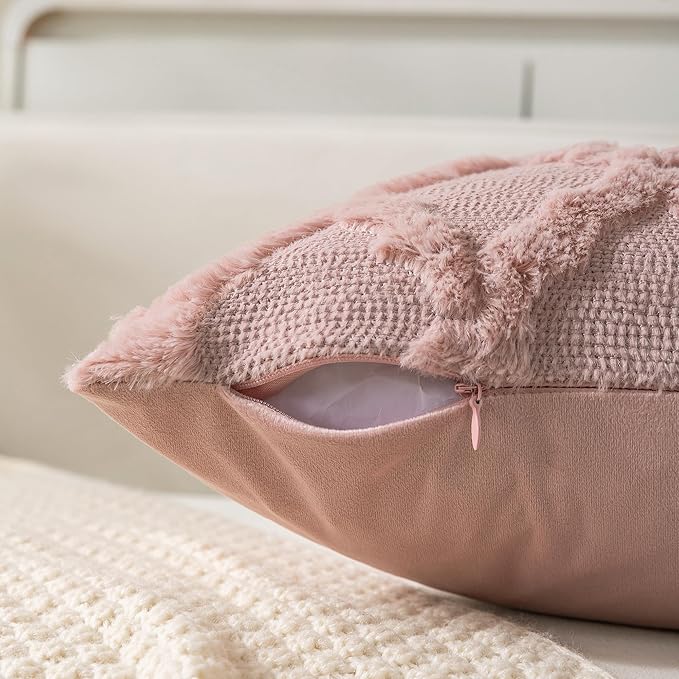 Set of 2 Soft Moroccan Throw Pillow Covers 22x22 Inch Plush Boho Decorative Pillow Cover Accent Cushion Case for Couch Sofa Bed, Pink