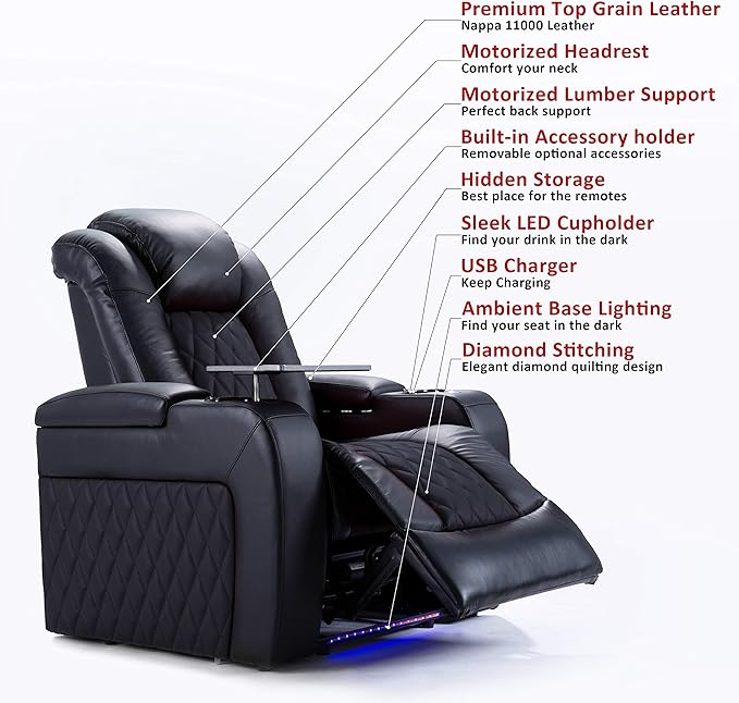 Valencia Tuscany Home Theater Seating | Premium Top Grain Italian Nappa 11000 Leather Power Recliner with Power Lumbar Support & Headrest (Single Recliner, Charcoal Grey)