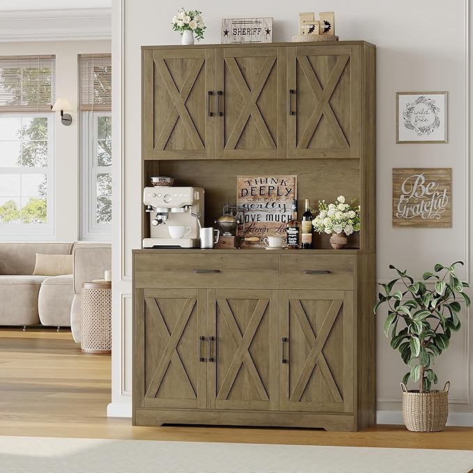 HOSTACK 71" Pantry Cabinet with Charging Station, Tall Kitchen Pantry Storage Cabinet with Microwave Stand, Farmhouse Kitchen Hutch with Storage Drawers for Living Room, Dining Room, Rustic Brown