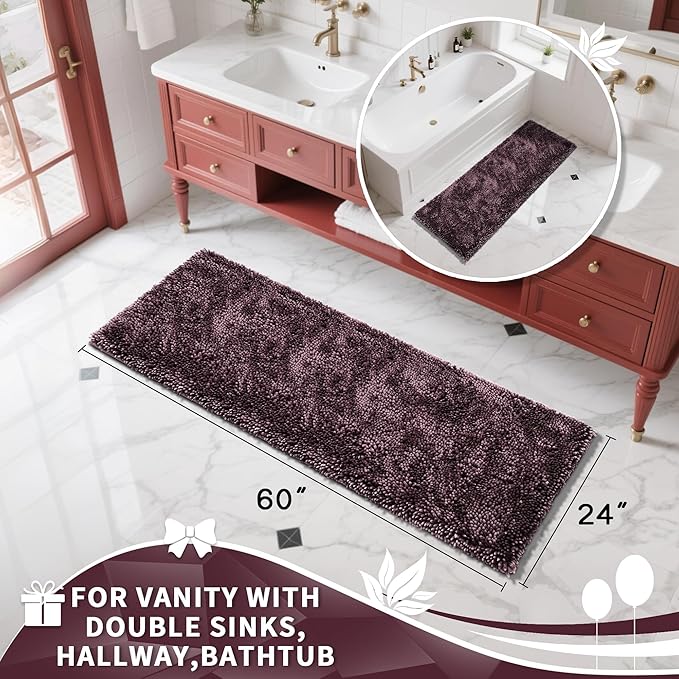 Yimobra Long Bathroom Rugs Runner 60x24 Inch, Extra Thick Soft Absorbent Chenille Bath Mat, Non Slip Machine Washable, Quick Dry Bath Rugs for Bathroom Floor, Tub and Shower, Purple Grey