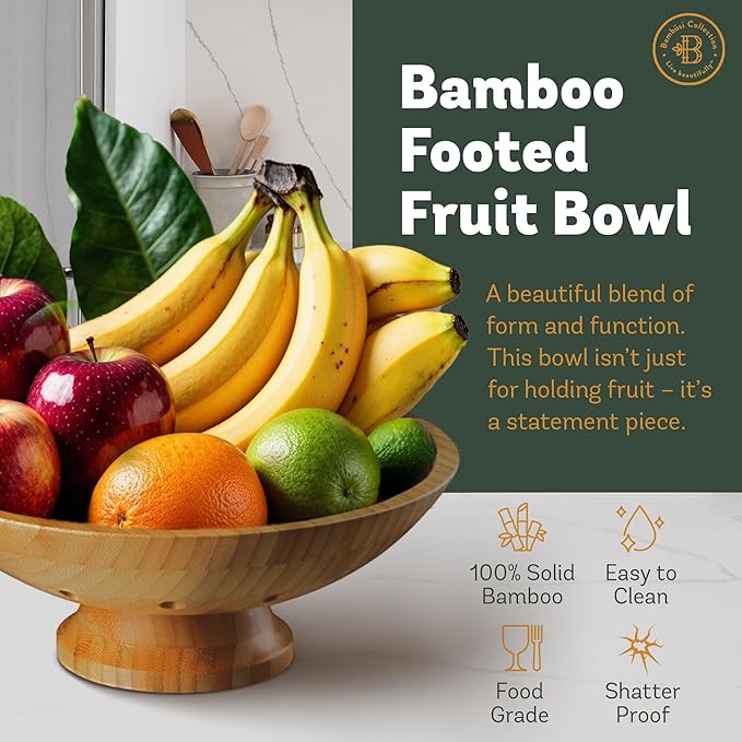 Bambüsi Wooden Fruit Bowl - Large Decorative Pedestal Bowl for Kitchen Counter, Dining Table, and Home Decor - Modern Serving Bowl for Fruits, Salads, Keys, Centerpiece, Entryway