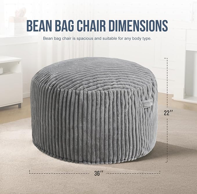 Hobestluk 3ft Bean Bag Chairs for Adults Large Beanbag Chair with Stripe Plush Cover Big Bean Bag Chair for Living Room Bedroom Dorm Office - Grey (36” x 36” x 22”)
